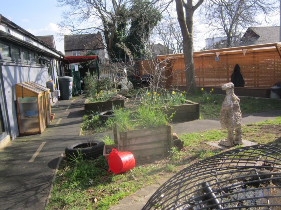 Low Hall Forest School area,  the pond is near, covered with an iron web  so children can do pond dipping safely. A red trug is on the ground. Further off are raised beds, huge tyres planted, a covered area with seats for lessons, a large water butt, and small but old apple trees.
