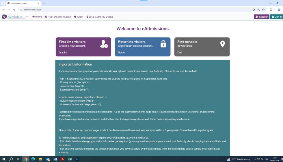 screengrab and link to eadmissions webpage where you apply for schools in London