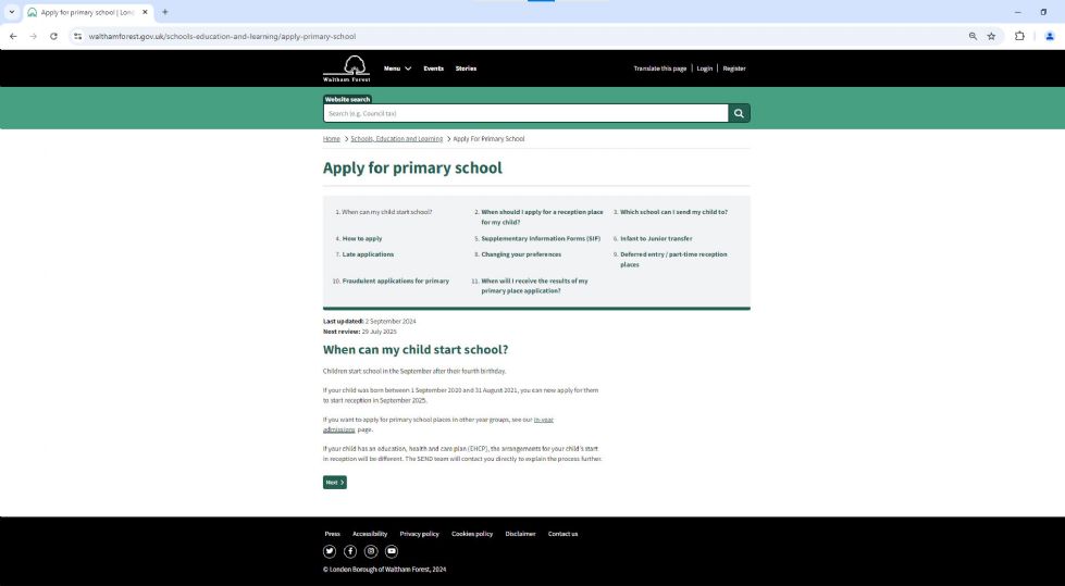 screengrab and link to LBWF webpage of how to apply for primary school