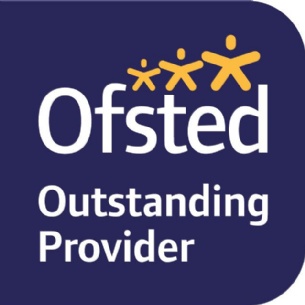Ofsted Outstanding Provider logo: white text on a dark blue background. 3 gold stick figures of increasing size stand on the word Ofsted